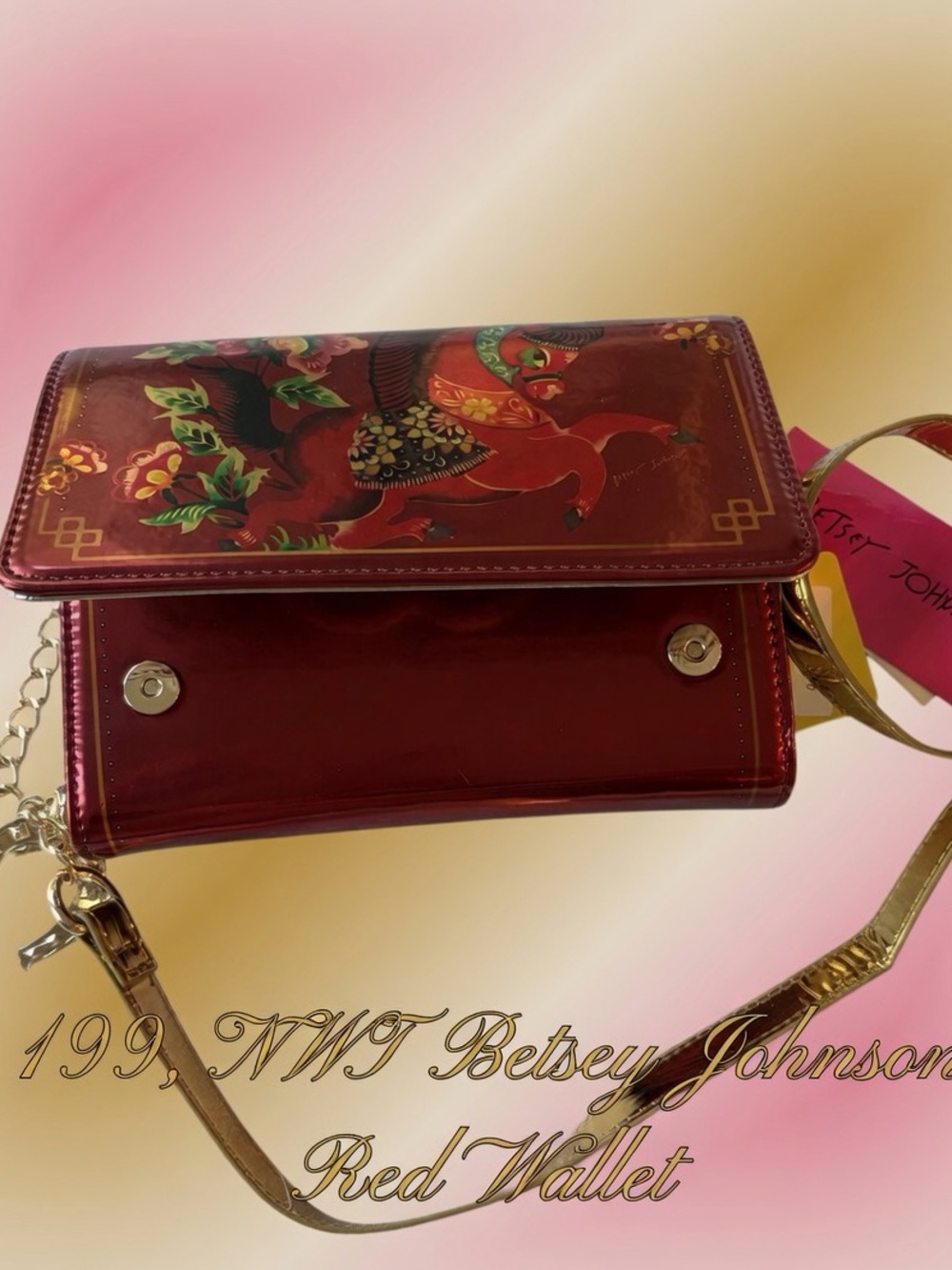199,NWT Betsey Johnson Red Metallic Crossbody Wallet . U can Wear it as a purse